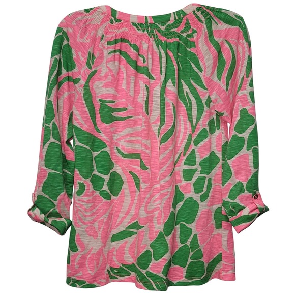 Lilly Pulitzer Tropical Smocked Blouse S Cotton 3/4 Sleeves Resort Beachy Preppy - Picture 2 of 6